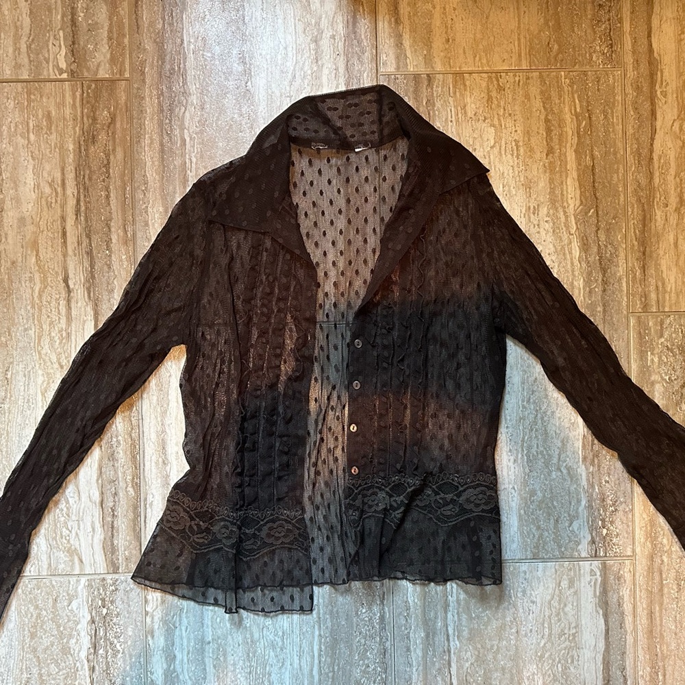 Sheer Black Lace-Trim Button-Front Blouse